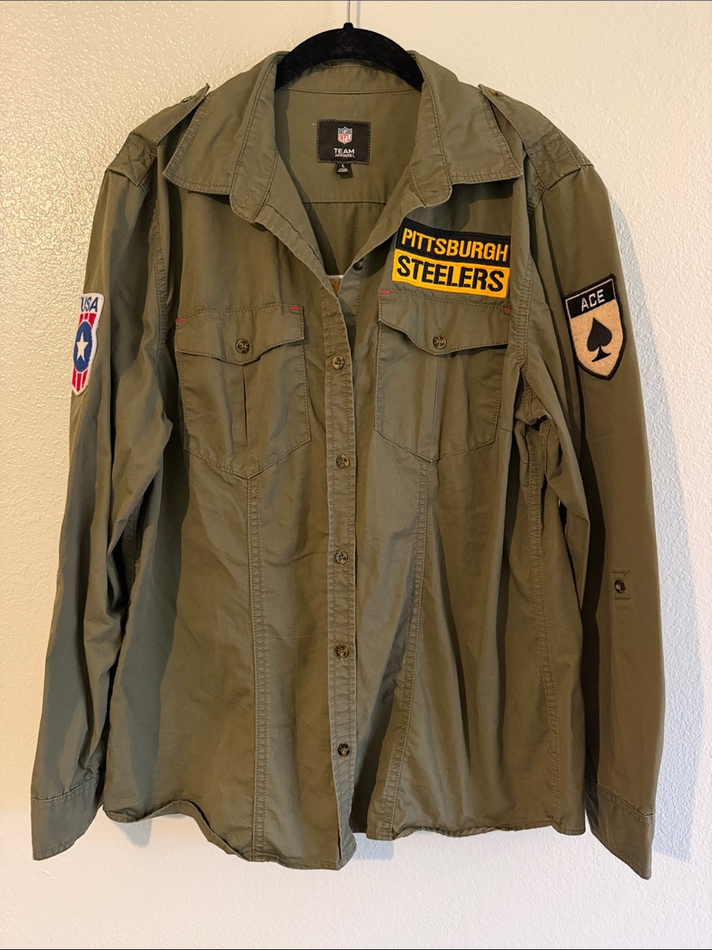 Olive Green Military-Style Button-Down Steelers Shirt